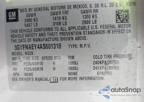 2010 Cadillac Srx Luxury Collection из США, поврежденный, VIN 3GYFNAEY4AS601318